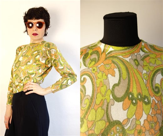 Vintage 60's Psychedelic Sweater/french Knitting Top/lime Floral Pattern/60s Paisley Crop Top/mods Tricot Sweater/mod Print Top/s Size - Etsy