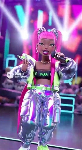 A plump woman uk drill rapping like nicki minaj. In anime on stage in front of a crowd of baby cats