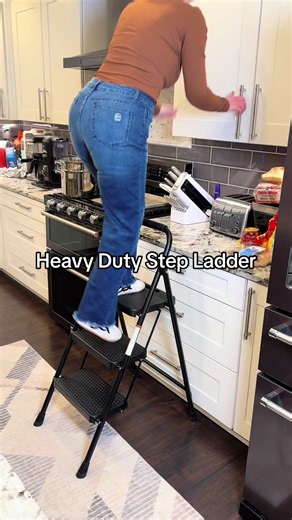 Short girl approved step stool. Heavy duty. Non-slip. Folds flat. And I can finally reach my top cabinets without risking my life. #lifehack #stepstool #safetyfirst #heavydutystepladder #CapCut