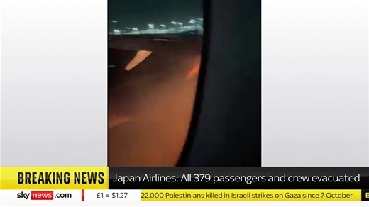 This video footage appears to show inside an aircraft which burst into flames on the runway at Tokyo's Haneda airport. https://trib.al/Rx0iR33 📺 Sky 501, Virgin 602, Freeview 233 and YouTube | Sky News