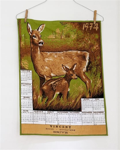 Vintage 1974 French Calendar Tea Towel, Deer Kitchen Towel, Birth Year Gift - Etsy