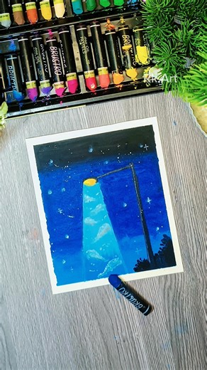 🌌✨Night Sky Lamp Light Scenery Drawing with Oil Pastels