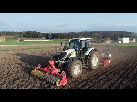 Maissaat mit weissem Valtra, Tulip Kreiselegge und Kinze Sämaschine