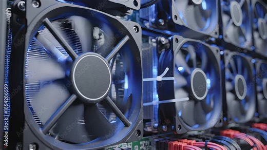 High-performance cooling fans in action showcasing airflow dynamics and mechanical design within a computer hardware setup for efficient thermal management. data center cooling systems.