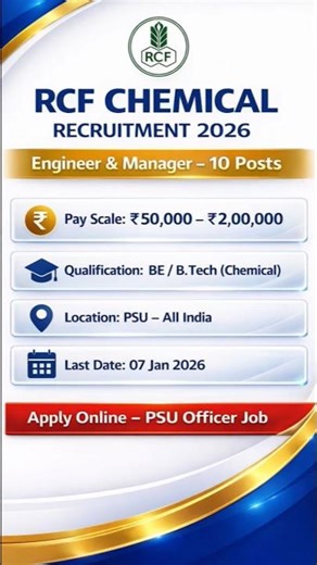RCF Chemical Recruitment 2026 🔥 Engineer & Manager | Salary ₹2 Lakh | PSU Job