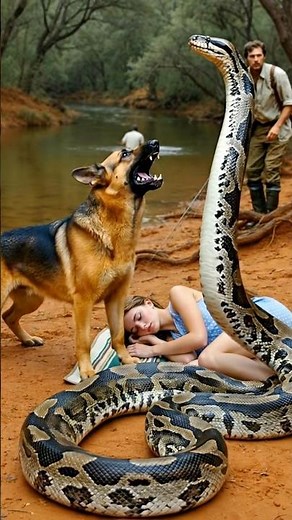 A fearless dog stands between a giant python and a sleeping woman 😱🐍Pure instinct. Pure courage.