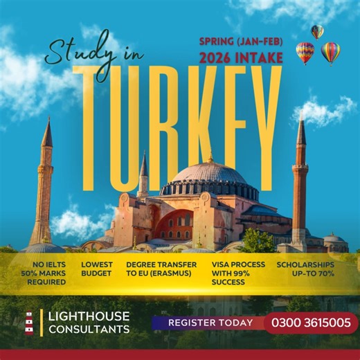 Turkey offers internationally recognized degrees, affordable living, and a rich cultural experience at the crossroads of Europe and Asia. Spring (Jan-Feb) intake now open. Key benefits include: - Scholarships up to 70% - High visa success rates - Transfer programs to Europe, USA, and UK - No IELTS or interviews required - English-taught programs Enroll in Bachelor, Master, or PhD programs today! Contact us at 0300 3615005! #lighthousefsd #StudyInTurkey #turkey #turkeystudyvisa #StudyInEurope #Tu