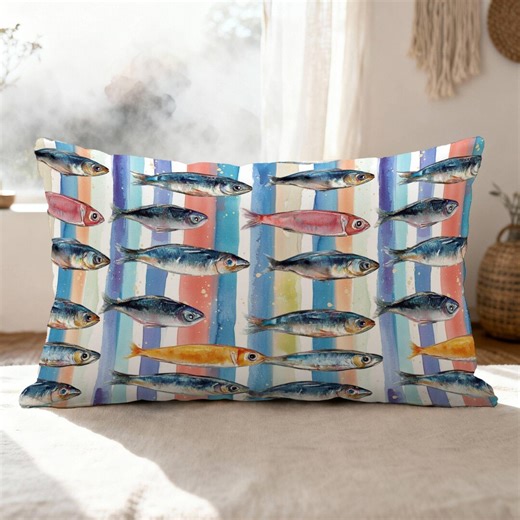 Sardine Pattern Lumbar Pillow | Coastal Fish Stripe Throw Pillowcase | 2 Sizes - Etsy