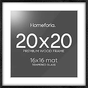 Homeforia 20x20 Black Wood Frame, High End Oak 20 x 20 Square Picture Frames with Mat 16 by 16 inches Photo, 20by20 Black Wooden Poster Frames Matted to 16x16 Print, Tempered Glass, Wall Kit, Set of 1