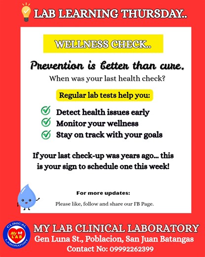 Prevention is better than cure. 🩺 Take care of your health with regular wellness checks and lab tests. Detect early, stay healthy, and live better. Visit us today! 💙 📍My Lab Clinical Laboratory 46 J.P Rizal St., Layunan Binangonan Rizal Contact No: 0998 883 5098 #LabLearningThursday #WellnessCheck #PreventionIsBetterThanCure #VisitUsToday #MyLabCares #HealthIsWealth #StayHealthy #MyLabClinicalLaboratory | My Lab Clinical Laboratory - Binangonan, Rizal
