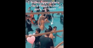 ‘That’s too much’: Woman’s revealing G-string thong bikini at a family water park leaves people baffled