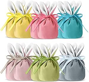 Funtery Easter Bunny Gift Bags Bunny Birthday Decoration Rabbit Ear Velvet Bags with Drawstrings 4.7 x 3.7 Inch Gift Pouches Party Favors for Baby Kid Basket Candy Treat Jewelry, 6 Color(12 Pcs)