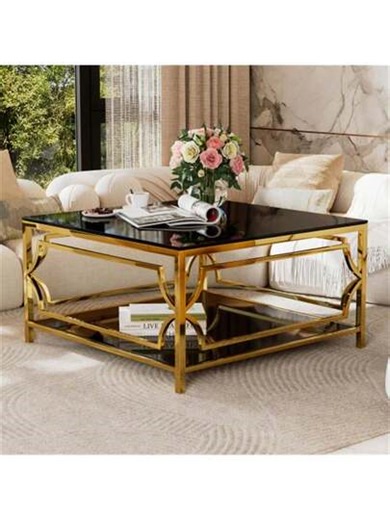 Square Glass Coffee Table In 33.5",Luxurious Geometric Metal Frame,Gold Finish & Lower Shelf | SHEIN