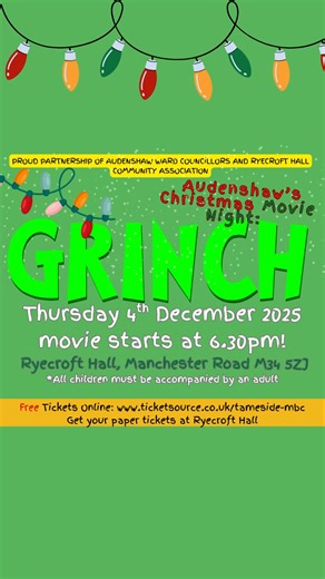 💚 Free Family Movie Night at Ryecroft Hall - we’re delighted to have a firm favourite ‘The Grinch’ as our festive pick! Tickets: https://www.ticketsource.co.uk/tameside-mbc/how-the-grinch-stole-christmas/e-yjrydj 🎟️ Paper tickets available to purchase and collect from Ryecroft Hall Community Association | Team Audenshaw