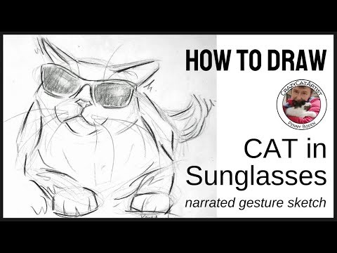 How to Draw Cat Wearing Sunglasses, happy smiling facing forward front view with paws & cool glasses
