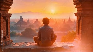 An ancient pagoda in Bagan, Mandalay, Myanmar, and a tourist watching the Bagan pagoda landscape at sunrise Stock Video
