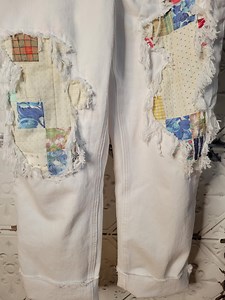 Upcycled Quilt Patchwork Overalls: Frayed White Denim Dungarees (size Medium) - Etsy