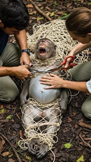Pregnant Monkey Trapped by Hunters in Net But Rescued - #monkey