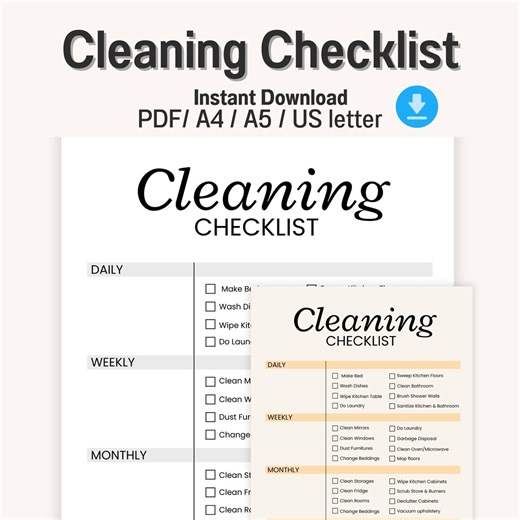Cleaning Checklist Printable PDF | Daily Weekly Monthly Cleaning Planner | Home Cleaning Schedule | A4 A5 US Letter Instant Download - Etsy