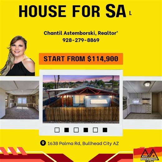 💰 $114,900 | 1638 Palma Road, Bullhead City, AZ Cozy and close to the river! 🏡✨ This 2 bed, 2 bath home sits on a corner lot in a quiet cul-de-sac with brand new plumbing and a newer AC unit for peace of mind. Plus, plenty of room for your boat or RV! 🚤 Perfect as a full-time home or your own desert getaway 🌵☀️ Message us for a showing! #BullheadCityRealEstate #HolidayHighlands #HomeForSaleAZ #ColoradoRiverLiving #DesertLife #CornerLot #RVParking #AffordableHomes #RealEstateDeals #HouseHunti