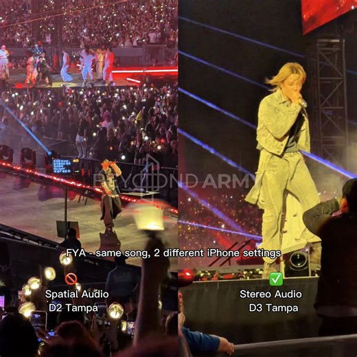 🔴 iPhone ARMY 🌟 — AUDIOFor your BTS concert memories / recording UPDATE:Stereo was 100% better.For context, while I had floor on D3, I was in section 115, so I wasn’t far away. You can hear a distinctive difference in sound. In the video, i included all my settings. Be mindful to:- reset to default settings after the concert, otherwise you will be recording in raw footage = massive files With the concert settings:4k at 60 fps= 0:45 is 526MB on my device= 0:05 is 33MB on my device - So, make su