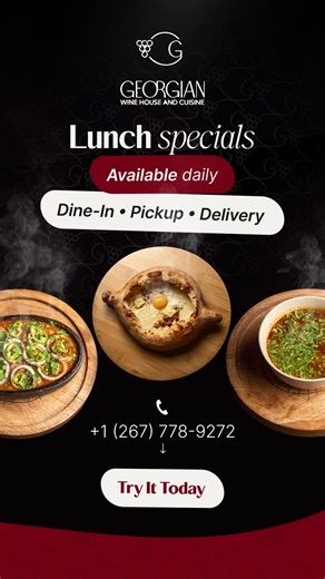 Lunch that actually feels like lunch 🍽️ Fresh Georgian dishes — warm, hearty and cooked just for you! Our Lunch Specials are available daily: 🥘 Hot soups 🥚 Fresh khachapuri 🍖 Meat & veggie dishes 🌿 Traditional Georgian flavors Perfect for a cozy dine-in break, a quick pick-up, or delivery straight to your door. 📞 1 (267) 778-9272 🛵 Dine-In • Pickup • Delivery Try lunch the Georgian way 🇬🇪 | Georgian Wine House & Cuisine