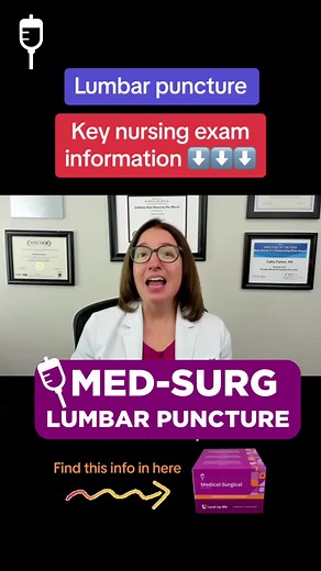 Cathy shares key information about a lumbar puncture that you are likely to get tested on in nursing school. Find this helpful? Please let us know in the comments. #lumbarpuncture #NCLEX #MedSurg #HESI #Kaplan #ATI #NursingSchool #NursingStudent⁠ #Nurse #RN #PN #Education #LPN #NurseEducator #medicalsurgical | Level Up RN