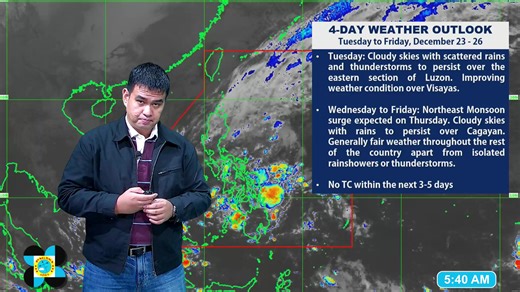 Public Weather Forecast issued at 5AM | December 22, 2025 - Monday DOST-PAGASA Weather Specialist: Daniel James E. Villamil #weatherreport #dostpagasa PAGASA Weather Report (Subscribe for more weather updates) Facebook Page (Like): / pagasa.dost.gov.ph Twitter (Follow): / dost_pagasa Website (Visit): http://bagong.pagasa.dost.gov.ph Customer Satisfaction Survey (Feedback): https://shorturl.at/Do3VX | DOST-PAGASA