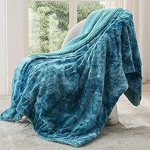 Bedsure GentleSoft Sherpa Fluffy Throw Blanket - Fleece Warm and Cozy Throw for Women Gift, Plush & Fuzzy Faux Fur Christmas Blanket for Couch, Sofa, Bed Decor, Tie Dye Design, Teal, 50x60 Inches