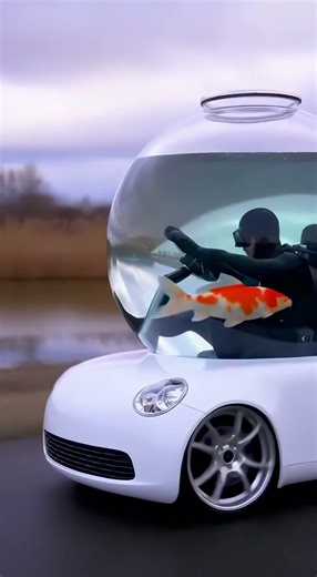 A Scuba Diver Driving a Goldfish Bowl Car
