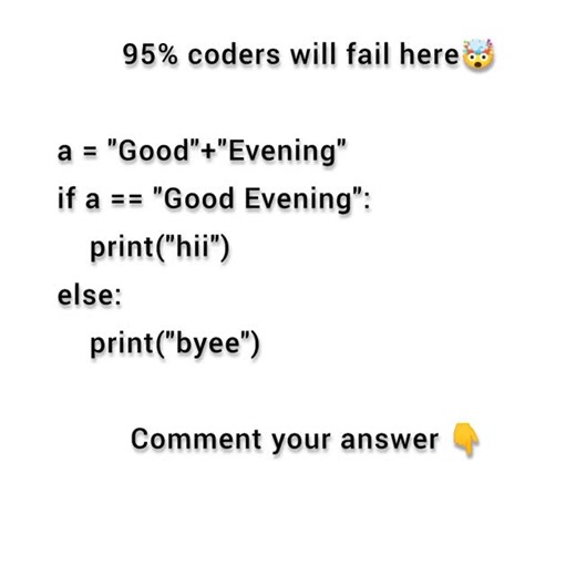 PyQuizBytes on Instagram: "95% coders fail to answer this correctly 🤯.. Comment your answer 👇 . . . . #python #programming #code #developer #techtrends #reels #viral #trending"