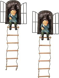 Garden Resin Gnome Statue Elf Out The Door Tree Hugger Peeker Yard Art Unimaginable Tree Sculpture Whimsical Decoration, Wooden Climbing Rope Ladder for Patio Yard Lawn