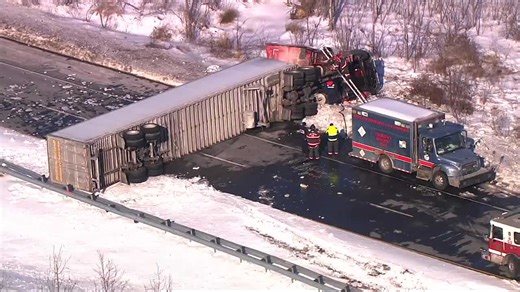Sky 11: Overturned tractor-trailer blocks Route 32