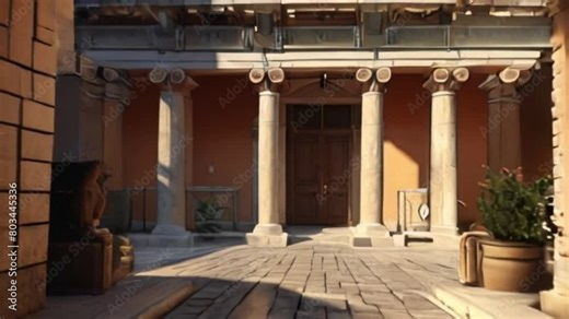 Mediterranean Style Courtyard with Columns, Wooden Door, and Plants