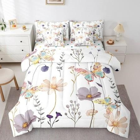 YST Twin Watercolor Flower Bedding Set 7 Piece For Women, Plum Beige Floral Butterfly Comforter Set For Girls Teens Adult Bedroom, Rustic Farmhouse Bed In A Bag Branches Pastoral Bed Cover - Walmart.ca