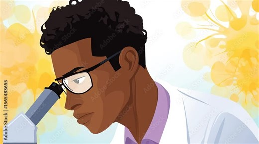 Animated cartoon black scientist looks in microscope while performing scientific research in a science lab with science experiments