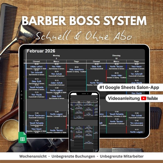 Barber Shop Software & Appointment Planner - Men's Hairdresser Management Tool - Google Sheets Template - Sales Tracker - Dark Mode - Etsy UK