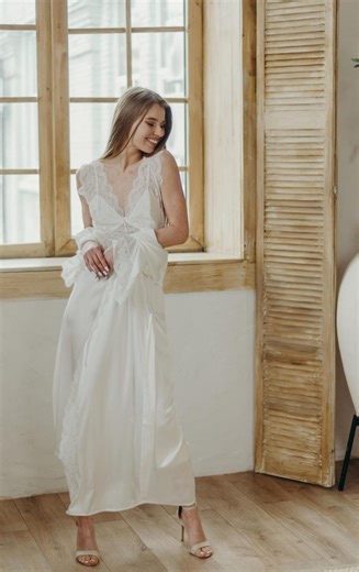 Long Bridal Nightgown, Ivory Silk Satin Wedding Nightgown, Bridal Peignoir, Bridal Lingerie - Etsy Australia
