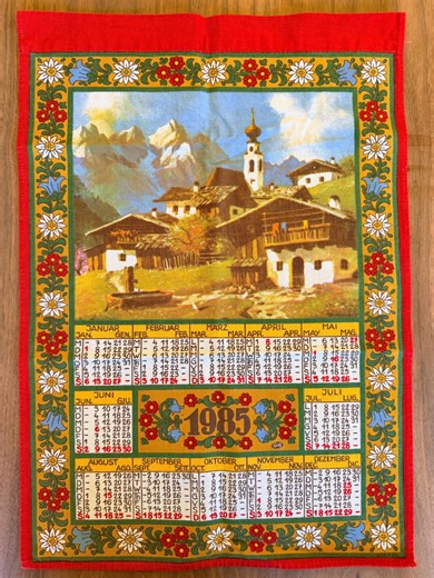 German Kolf 1985 Calendar Cotton Wall Hang, House and Mountains, Red and Green Border, White Flowers, Vintage, Small Tapestry MCM - Etsy