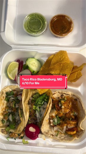 Taco Rico - This spot is def in the cut of Bladensburg. The restaurant could’ve been better up kept but it wasn’t bad. Customer service was good, everyone was friendly and accommodating but my tacos took about 20 minutes. Not complaining bc I love it fresh but wasn’t expecting that. Unfortunately they lacked flavor and the drinks were too pulpy for me 💔 The prices were decent & I hate to down a small business but I don’t think I’d return #tacorico #dmvtiktok #dmvmexicanfood #riverdalemd #dmvfoo