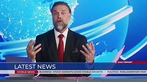 Live News Studio with Professional Anchor Reporting on the Events of the Day. Television Channel Newsroom with Newscaster Talking. Running Ticker Shows World, Business, Politics, Sports News