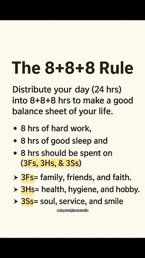The 8 8 8 Rule: Achieve true balance — 8 hours to work, 8 hours to rest, and 8 hours to live life to the fullest. Work. Rest. Live. #lifehacks101 | Askpstudyinaustralia