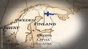 Finland flag showing on world map with 3d rendering