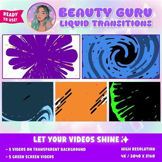 Beauty Guru Dynamic Swirl & Brush Transitions Pack | Colorful Motion Graphics Template