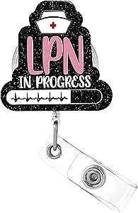 Plifal Nurse Badge Reel Holder with ID Clip for Black LPN in Progress, Badge Reel for Nurse Doctor Medical Workers