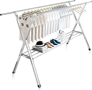 JAUREE Clothes Drying Rack 2 Tiers, Heavy Duty Drying Rack Clothing Folding Indoor Outdoor, Stainless Steel Laundry Drying Rack, Foldable Garment Rack with 20 Windproof Hooks (84 Inches)