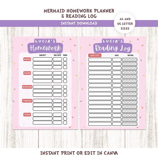 Kids Homework Planner & Reading Log Printable | Student Tracker Canva Template - Etsy