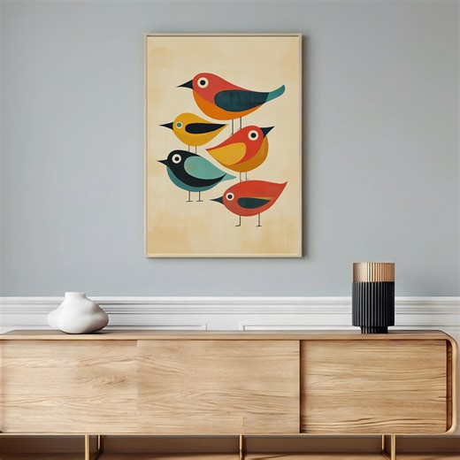 Modern Mid Century Birds Wall Art, Whimsical Folk Abstract, Framed Canvas Print, - Etsy