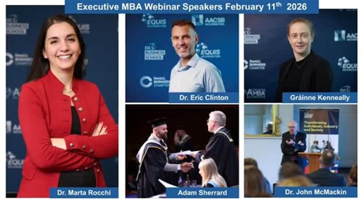 We are delighted to announce our speakers for our Executive MBA Programme information webinar on Wednesday February 11th at 1pm: 🔷 Dr. Eric Clinton, Executive MBA Programme Director, will give an overview of the programme content, delivery and assessment as well as application information for our September 2026 intake 🔷 Dr. Marta Rocchi and Dr. John McMackin will discuss our Personal and Ethical Leadership module, a cornerstone of our Executive MBA programme 🔷 Executive MBA alumnus Adam Sherr