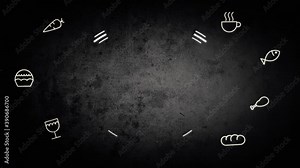 Dark background concept for design menu restaurant or cafe. Copy space for your logo. Animated food line art